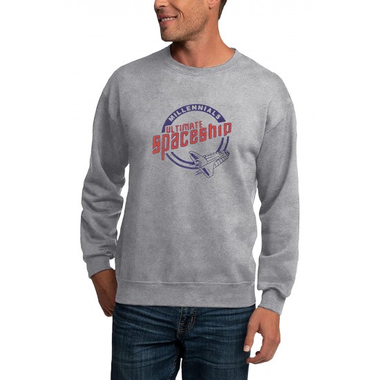 Gray Crew Neck Spaceship Graphic Men's Pullover Sweatshirt