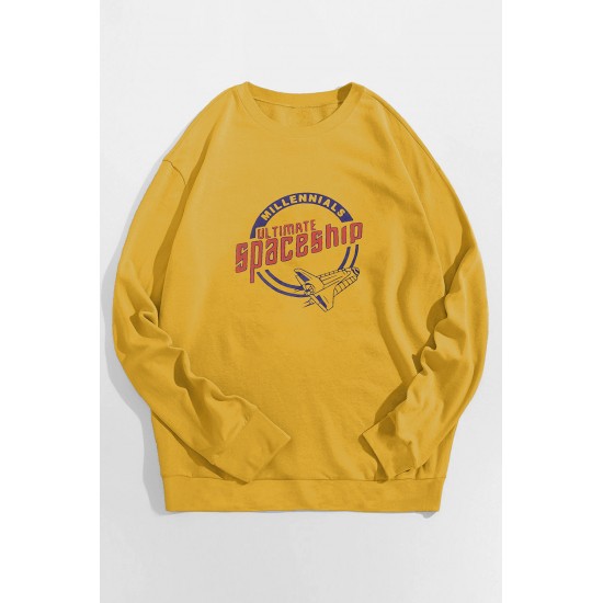 Yellow Crew Neck Spaceship Graphic Men's Pullover Sweatshirt