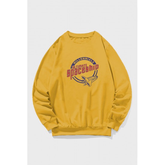 Yellow Crew Neck Spaceship Graphic Men's Pullover Sweatshirt