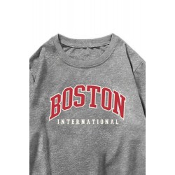 Gray BOSTON Letters Print Crew Neck Men's Pullover Sweatshirt