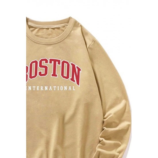 Khaki BOSTON Letters Print Crew Neck Men's Pullover Sweatshirt