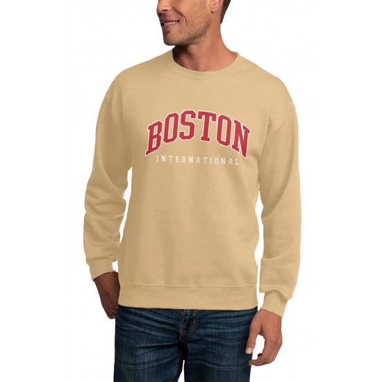 Khaki BOSTON Letters Print Crew Neck Men's Pullover Sweatshirt