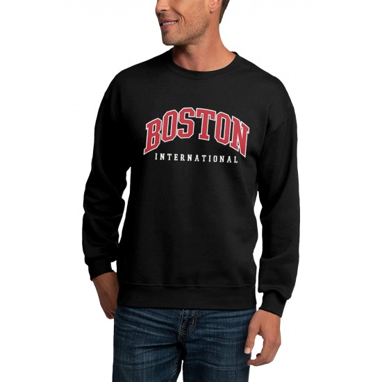 Black BOSTON Letters Print Crew Neck Men's Pullover Sweatshirt