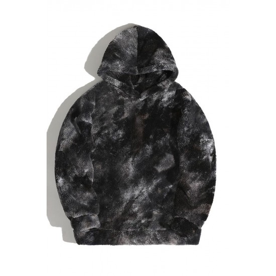 Black Tie-dyed Print Men's Sherpa Hoodie