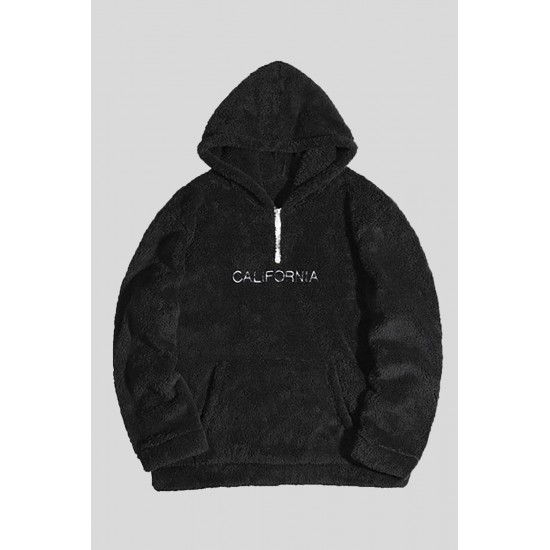 Black Letter Embroidered Quarter Zip Men's Sherpa Hoodie