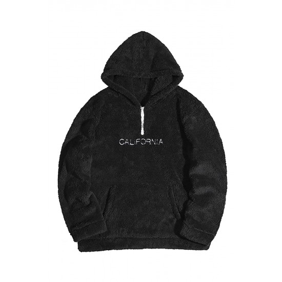 Black Letter Embroidered Quarter Zip Men's Sherpa Hoodie