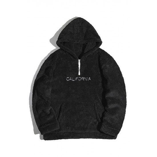 Black Letter Embroidered Quarter Zip Men's Sherpa Hoodie