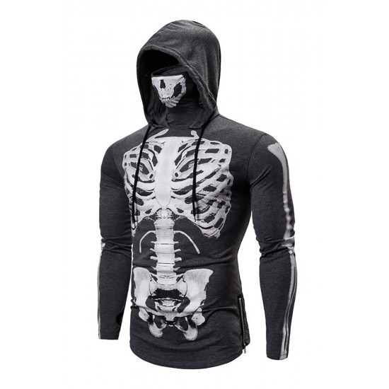 Gray Halloween Skeleton Print Slim-fit Men's Graphic Hoodie