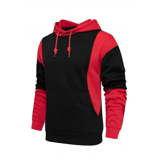 Red Men Colorblock Pullover Long Sleeve Hoodie