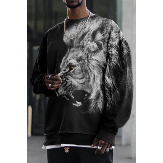 3D Lion Print Crew Neck Men Sweatshirt