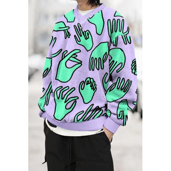 Gesture Print Sherpa Pullover Men Hoodie