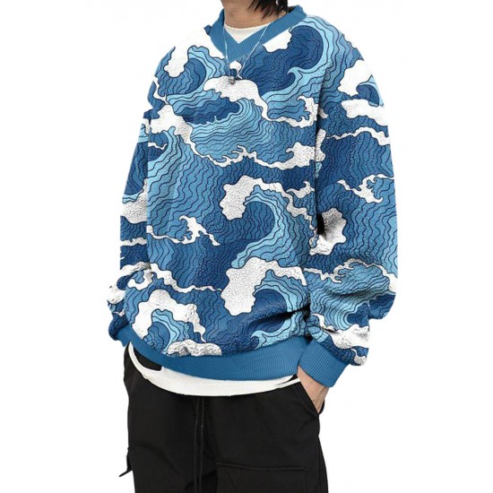 Wave Themed Pattern Men Pullover Hoodie