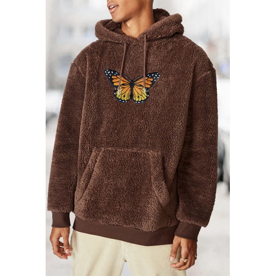 Brown Graphic Print Kangaroo Pocket Men's Plush Hoodie