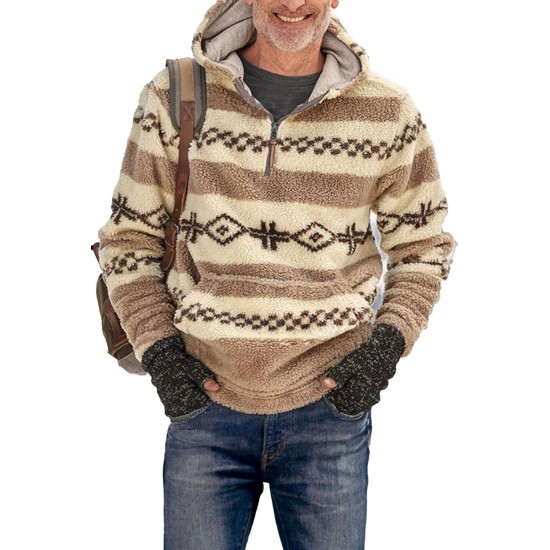 Beige Tribal Print Quarter Zip Men's Pullover Hoodie