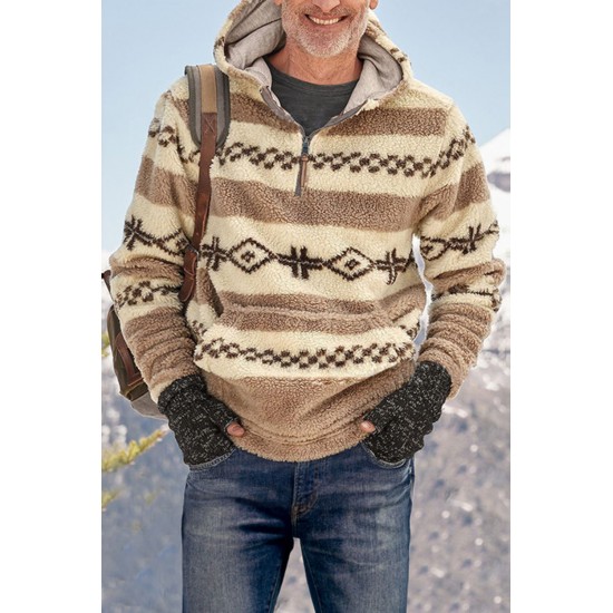 Beige Tribal Print Quarter Zip Men's Pullover Hoodie