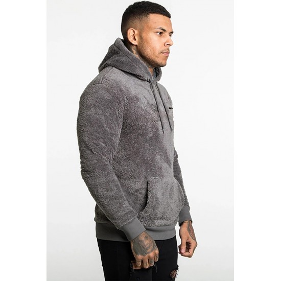 Gray Letter Print Fleece Long Sleeve Men's Hoodie