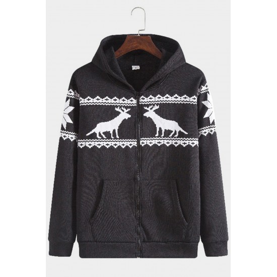 Black Christmas Reindeer Graphic Print Zip Up Men's Hoodie