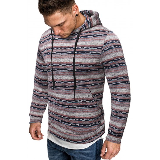 Red Tribal Print Kangaroo Pocket Men's Pullover Hoodie