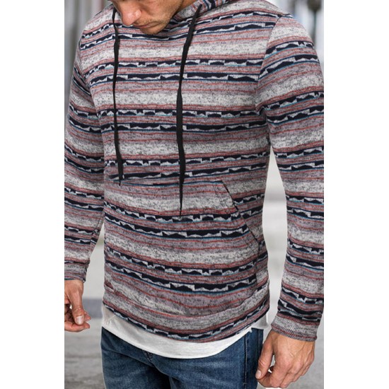 Red Tribal Print Kangaroo Pocket Men's Pullover Hoodie