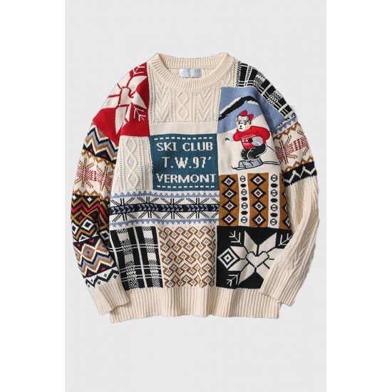 White Graphic Letter Christmas Knitted Men's Pullover Sweater