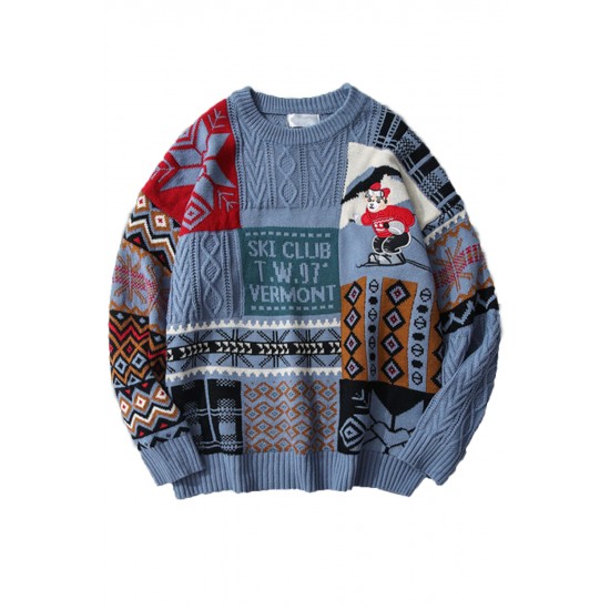 Blue Graphic Letter Christmas Knitted Men's Pullover Sweater