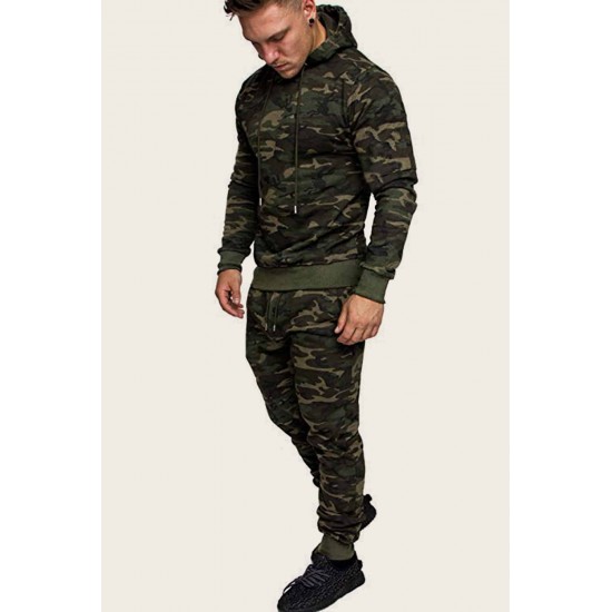 Men Camouflage Print & Drawstring Hoodie Tracksuit