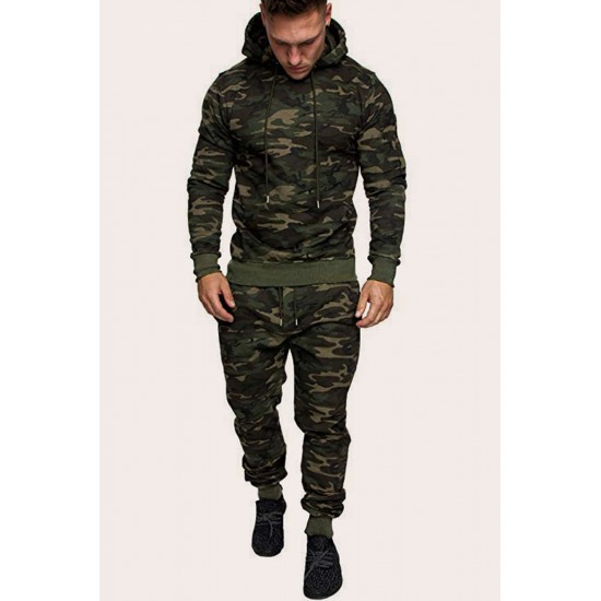 Men Camouflage Print & Drawstring Hoodie Tracksuit