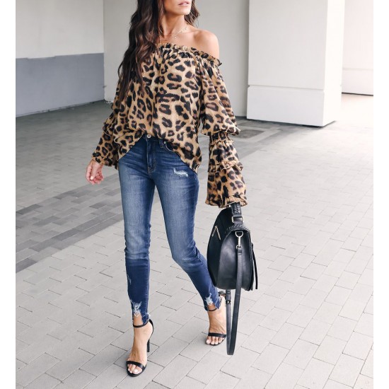 Wildlife Leopard Print Off Shoulder Ruffle Top