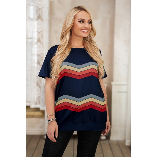 Navy Colorful Stripes Print Short Sleeve Plus Size Top