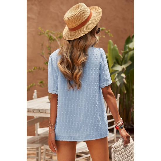 Sky Blue Lace Splicing V-Neck Swiss Dot Short Sleeve Top