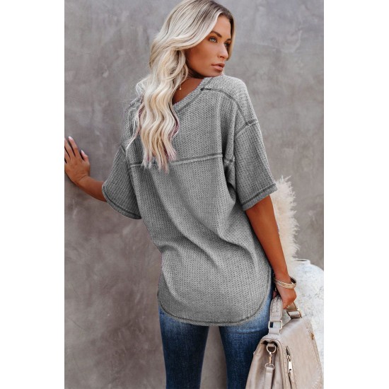 Gray V-Neck Thermal Knit Top