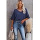 Blue V-Neck Thermal Knit Top