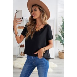 Black Lace V Neck Short Sleeve T-shirt