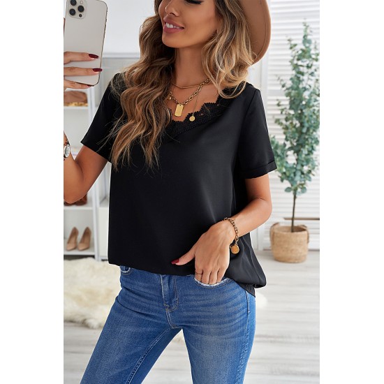 Black Lace V Neck Short Sleeve T-shirt