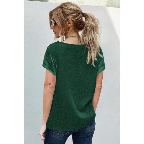 Green Lace V Neck Short Sleeve T-shirt