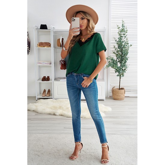 Green Lace V Neck Short Sleeve T-shirt