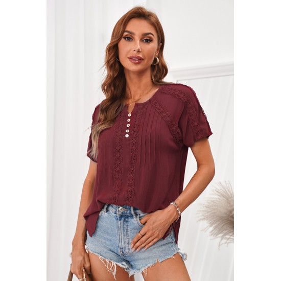 Wine Red Crochet Eyelet Short Sleeves Top