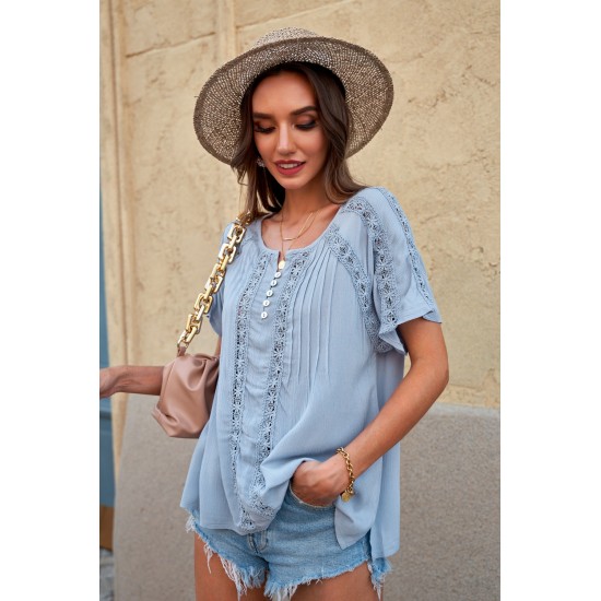 Sky Blue Crochet Eyelet Short Sleeves Top