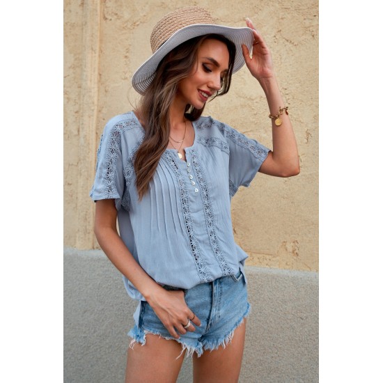 Sky Blue Crochet Eyelet Short Sleeves Top