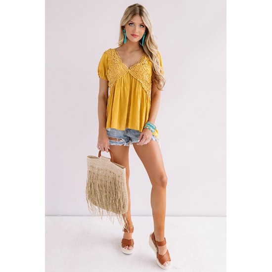 Mustard Short Bubble Sleeves Textured Babydoll Top