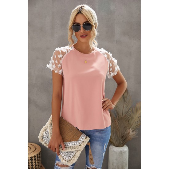 Pink Crewneck Applique Splicing Sleeve Top