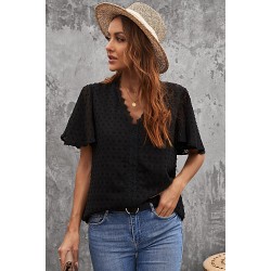 Black Crochet V Neck Swiss Dot Butterfly Sleeve Top