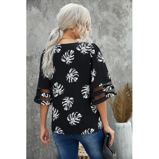 Black V Neck Mesh Splicing Sleeve Palm Leaf Print Top