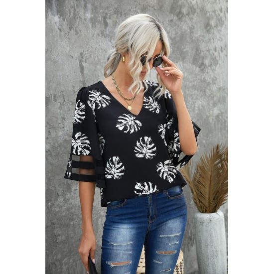 Black V Neck Mesh Splicing Sleeve Palm Leaf Print Top