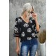 Black V Neck Mesh Splicing Sleeve Palm Leaf Print Top