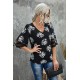 Black V Neck Mesh Splicing Sleeve Palm Leaf Print Top