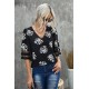 Black V Neck Mesh Splicing Sleeve Palm Leaf Print Top