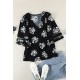 Black V Neck Mesh Splicing Sleeve Palm Leaf Print Top