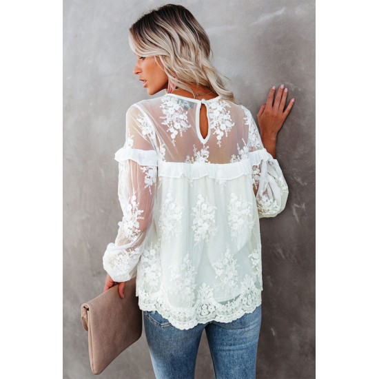 White Solid Color Crewneck Lace Mesh Ruffle Top