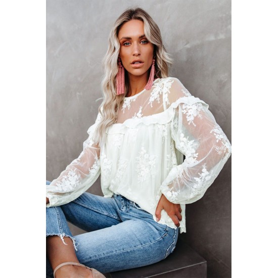 White Solid Color Crewneck Lace Mesh Ruffle Top